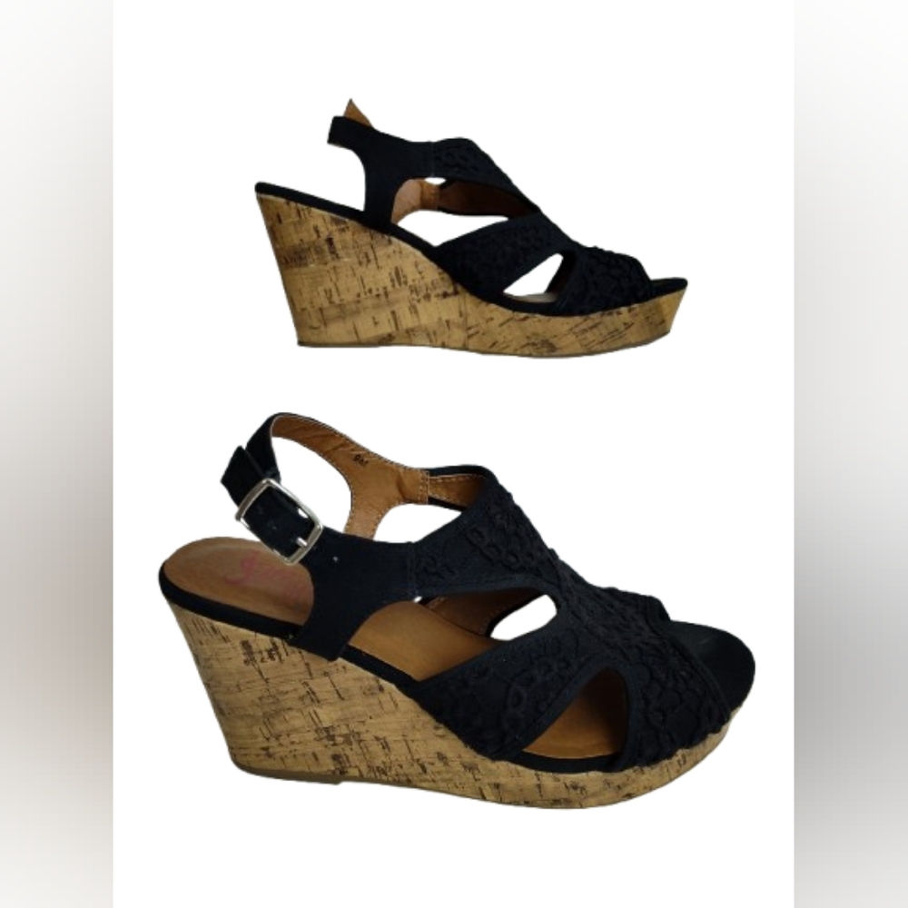 Jellypop Amara Black Crochet Cork Wedge Sandals Women's Size 9 - Picture 3 of 12